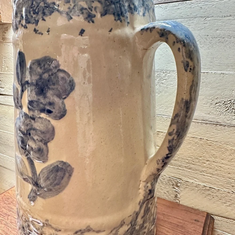 ANTIQUE, 19TH CENTURY, PRIMITIVE, BLUE & WHITE ROSE STONEWARE SPONGEWARE PITCHER